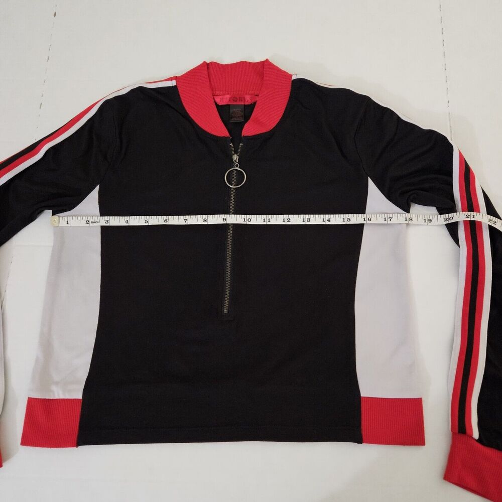 Hot Kiss Size M Black Red White Long Sleeve Crop Top 1/4 Circle Front Zipper Y2K - Picture 7 of 9